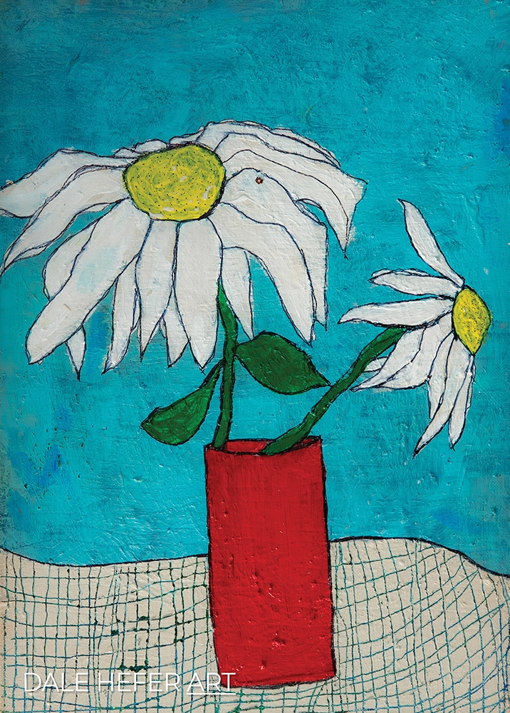 White Daisies in Red Vase
